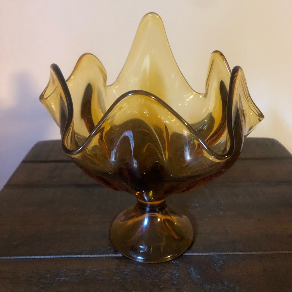 Vintage Viking Amber Glass Handkerchief Swung Pedestal Bowl